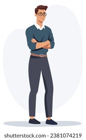 Flat vector illustration. A man with glasses stands with his arms crossed over his chest. 