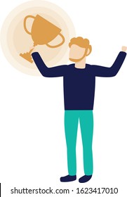 Flat vector illustration man with a golden cup in his hands. Guy take first place. Boy holding trophy. Success and career growth. Goal achievement.