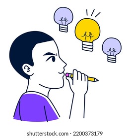Flat Vector Illustration Of Man Having Ideas. Imagination Flow And Creativity Concept. Creative Writer, Poet Composing From Ideas, Fantasies In Mind. Author Thinking With Inspiration