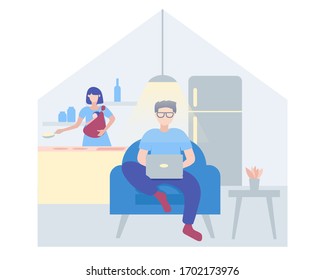 Flache Vektorillustration Illustration von Menschen und ihrer Familie, die zu Hause arbeiten aufgrund der Korona-Virus-Prävention. Bleib zu Hause!von zu Hause aus arbeiten. Online-Geschäft. 