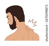Flat vector illustration of a man holding the back of his neck due to pain. Close-up head and neck, rear side view. Concept of muscle strain, cervical injury, or tension. Isolated on white background
