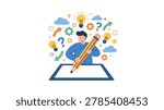 Flat vector illustration of a man holding a large pencil, surrounded by colorful question marks, lightbulbs, arrows, and idea icons floating around him. Concept of creative thinking, problem solving, brainstorming, decision making, and innovative education. Perfect for business, education, and creative content.