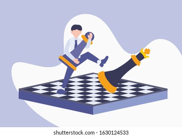 Flat vector illustration, a man holding pawn and kick the king. Business metaphor concept, strategy, achieving goals, working achievement, and career development. Flat cartoon style with chess game.