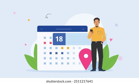 Flat vector illustration of a man holding a smartphone standing next to a large calendar with a location pin, representing scheduling, event planning, and time management concepts.

