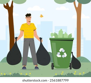 Flat vector illustration of a man holding garbage bags near a recycling bin in a park. Concept of waste management, recycling, eco-friendliness, environmental responsibility