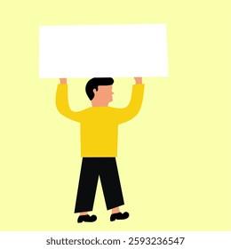 Flat vector illustration of a man holding a blank white sign. Ideal for customizable banners, advertisements, announcements, business promotions, and social media marketing