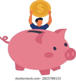 Flat vector illustration of a man holding a large dollar coin behind a piggy bank
