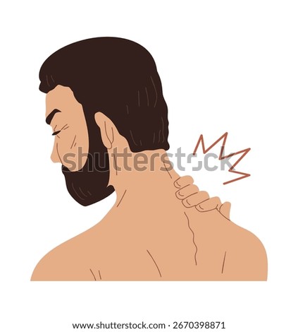 Flat vector illustration of a man holding the back of his neck due to pain. Close-up head and neck, rear side view. Concept of muscle strain, cervical injury, or tension. Isolated on white background