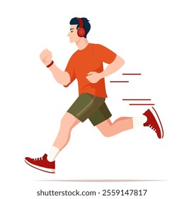 A flat vector illustration of a man jogging energetically, wearing headphones and a fitness tracker. Dressed in a sporty outfit with red sneakers and an orange shirt, this artwork captures movement