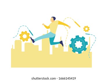 Ilustración vectorial plana, hombre saltando alegremente en azul y amarillo. Fondo de silueta urbana amarillo.