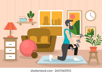 Flat Vector Illustration of Man Lifting dumbbells in a Cozy Living Room