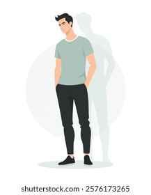 Flat vector illustration of a man in a light green T-shirt and black pants. The figure is faceless, standing casually in a modern minimalist style.