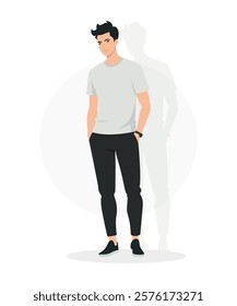 Flat vector illustration of a man in a light gray T-shirt and black pants. Faceless and minimalist, the figure stands in a casual, modern pose.