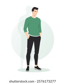 Flat vector illustration of a man in a light green sweatshirt and black pants. The faceless figure has a relaxed posture, designed in a minimalist and modern style.