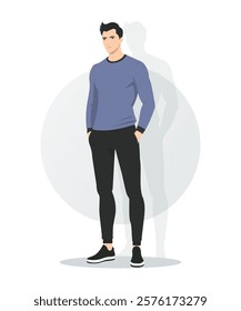 Flat vector illustration of a man in a light purple sweatshirt and black pants. The minimalist, faceless figure stands in a relaxed and modern posture.