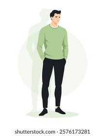 Flat vector illustration of a man in a light green sweatshirt and black pants. The faceless figure has a relaxed posture, designed in a minimalist and modern style.