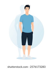 Flat vector illustration of a man in a light blue T-shirt and black shorts. The faceless figure stands in a relaxed posture with a minimalist and summery vibe.