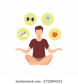 Ilustración vectorial plana de un hombre meditando con íconos de bienestar, sueño, ejercicio, hidratación y nutrición. Concepto de atención plena y estilo de vida saludable para diseños médicos y de autocuidado