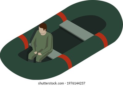Flat vector illustration of a man in a motor boat for fishing. A green boat with red sides. A man in a boat dressed as a fisherman