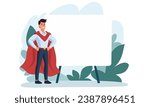 Flat vector illustration. A man in office clothes wearing a superman costume giving a presentation. Large banner and space for your text