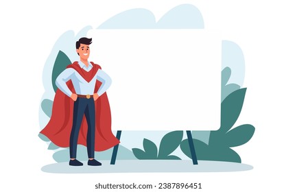 Ilustración vectorial plana. Un hombre con ropa de oficina usando un disfraz de superhombre dando una presentación. Banner grande y espacio para el texto