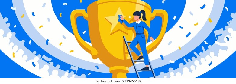 Flache Vektorgrafik eines Mannes auf einer Leiter, der eine riesige goldene Trophäe inmitten von Konfetti poliert und Leistung, Erfolg und Karriereziele symbolisiert, in einer sauberen, modernen, nach vorne gerichteten Komposition gezeigt.