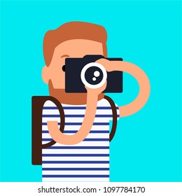 Flat vector illustration man photographer with camera