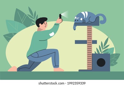 Flat vector illustration a man photographs a cat sleeping on a cat house. Cute picture with a man and a cat.
