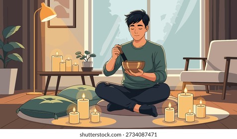 Flat vector illustration of man practicing meditation with singing bowl, representing mindfulness training, emotional balance, stress relief, and spiritual hobby lifestyle