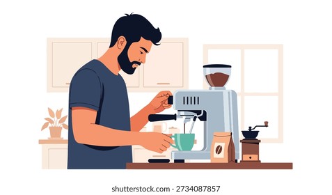Flat vector illustration of man preparing specialty coffee, expressing passion for brewing, flavor exploration, barista skills, and creative café hobby lifestyle
