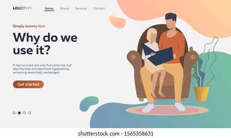 Flat vector illustration of man reading book to his daughter. Family, entertainment, relaxation. Online library concept for banner, website design or landing web page