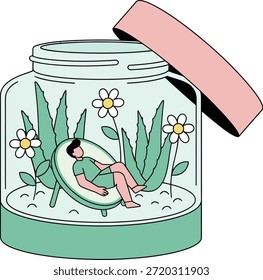 Flat vector illustration of a man resting in a cosmetic jar with aloe vera and chamomile, ideal for beauty branding, organic product marketing, and wellness design assets.

