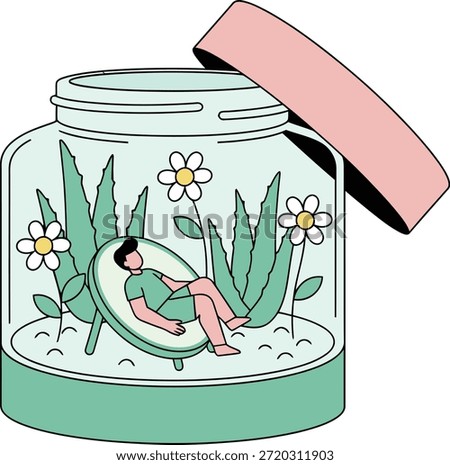Flat vector illustration of a man resting in a cosmetic jar with aloe vera and chamomile, ideal for beauty branding, organic product marketing, and wellness design assets.
