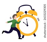 A flat vector illustration of a man running with or toward a giant alarm clock. The image conveys the concept of time pressure, deadline stress, being late, or the urgency of time management in daily 