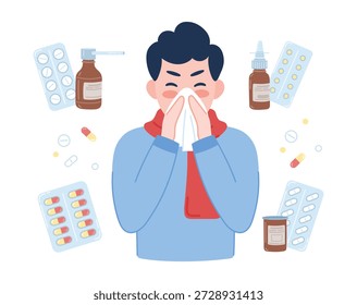 Uma ilustração vetorial plana de um homem com um nariz escorrendo usando um tecido, cercado por pílulas e frascos de remédios. Demonstrar sintomas de gripe, tratamento com frio, uso de medicação e tratamento para pessoas com doenças sazonais.