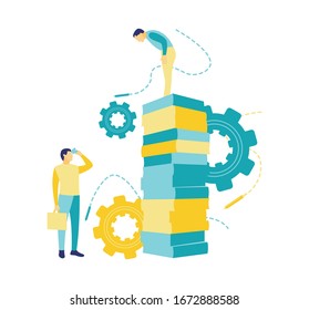 Flat vector illustration, a man sees another man standing on a pile of books using small binoculars in a flat blue and yellow style.
