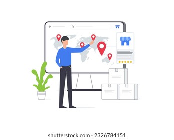 Flat vector illustration of man selects franchising location on ecommerce platform. Represents decision making process in franchise business.