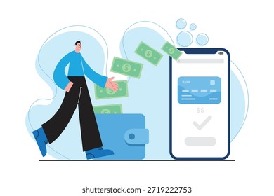 Ilustración vectorial plana del hombre que envía dinero utilizando un App bancario móvil que muestra el flujo de efectivo de la billetera digital y el pago en línea seguro para la tecnología financiera de fintech y la transacción sin efectivo