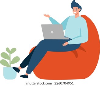 Flat vector illustration. A man sits on a padded bag chair and works at his laptop. Concept of remote work, work from home