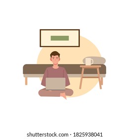 Flat vector illustration of man sitting on the floor. Good for work from home poster, design, and illustration