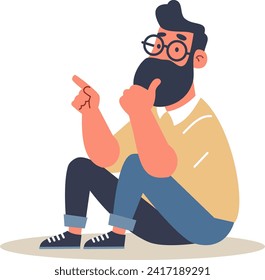 Flat vector illustration. A man is sitting in a pensive pose and thinking over a question. 