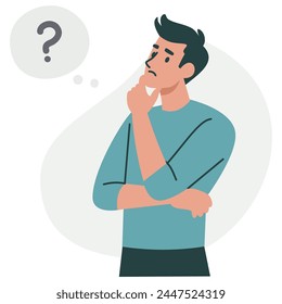 Flat vector illustration. A man is sitting in a pensive pose and thinking over a question. 