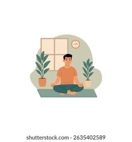 Flat vector illustration of a man sitting cross-legged in meditation inside a cozy room with indoor plants. Perfect for themes related to wellness, mental health, self-care, relaxation, and yoga.