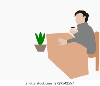 Ilustração vetorial plana de um homem sentado em uma mesa enquanto toma café com uma pequena planta nas proximidades. Retrata pausa para o café, rotina diária, relaxamento e estilo de vida interior moderno.