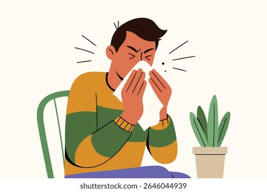 Ilustração vetorial plana de um homem espirrando em um tecido. Estilo moderno e mínimo — perfeito para conteúdo e materiais educacionais relacionados à saúde, alergia, higiene ou gripe.