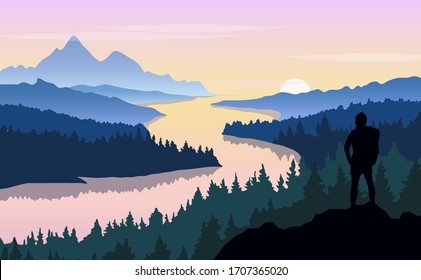 Flat vector illustration man  stand on top of a wooded mountain and looks at the river.Silhouette of tourist on the background mountain landscape with sunset.