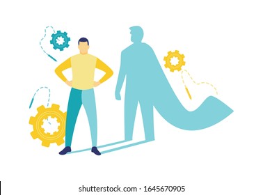 Flat vector illustration, a man standing proudly has a shadow like a super hero. A man's dream. Strong man.