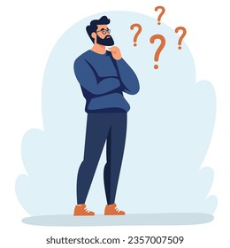 Flat vector illustration. Man standing in a pensive pose. The concept of searching for the solution of the problem 