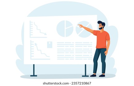 Flat vector illustration. Man standing in front of a large banner and giving a presentation.