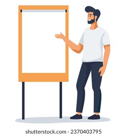 Flat vector illustration. Man standing in front of a large banner and giving a presentation. There is space for your text on the banner. 